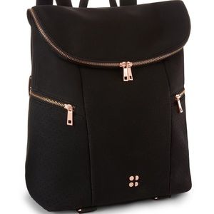 Sweat Betty black Neoprene backpack with rose gold hardware and yoga mat strap